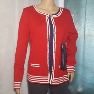 Debbie Morgan Cherry Red w/ White Stripe Cardigan